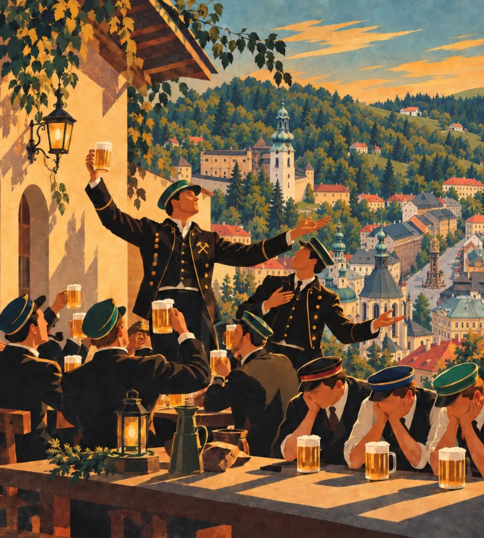Ilustrácia: študenti banskej akadémie pri pive nad mestom