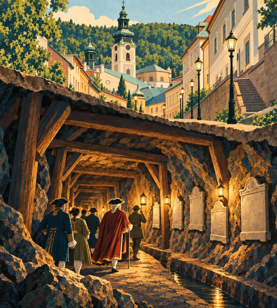 Ilustrácia: návštevníci v banskej chodbe s pamätnými tabuľami pod mestom