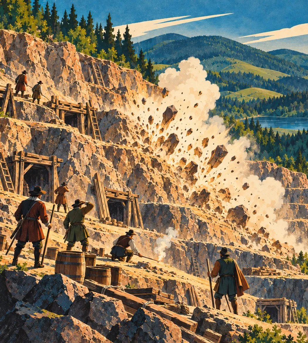 Ilustrácia: baníci v lome pri odstrele horniny