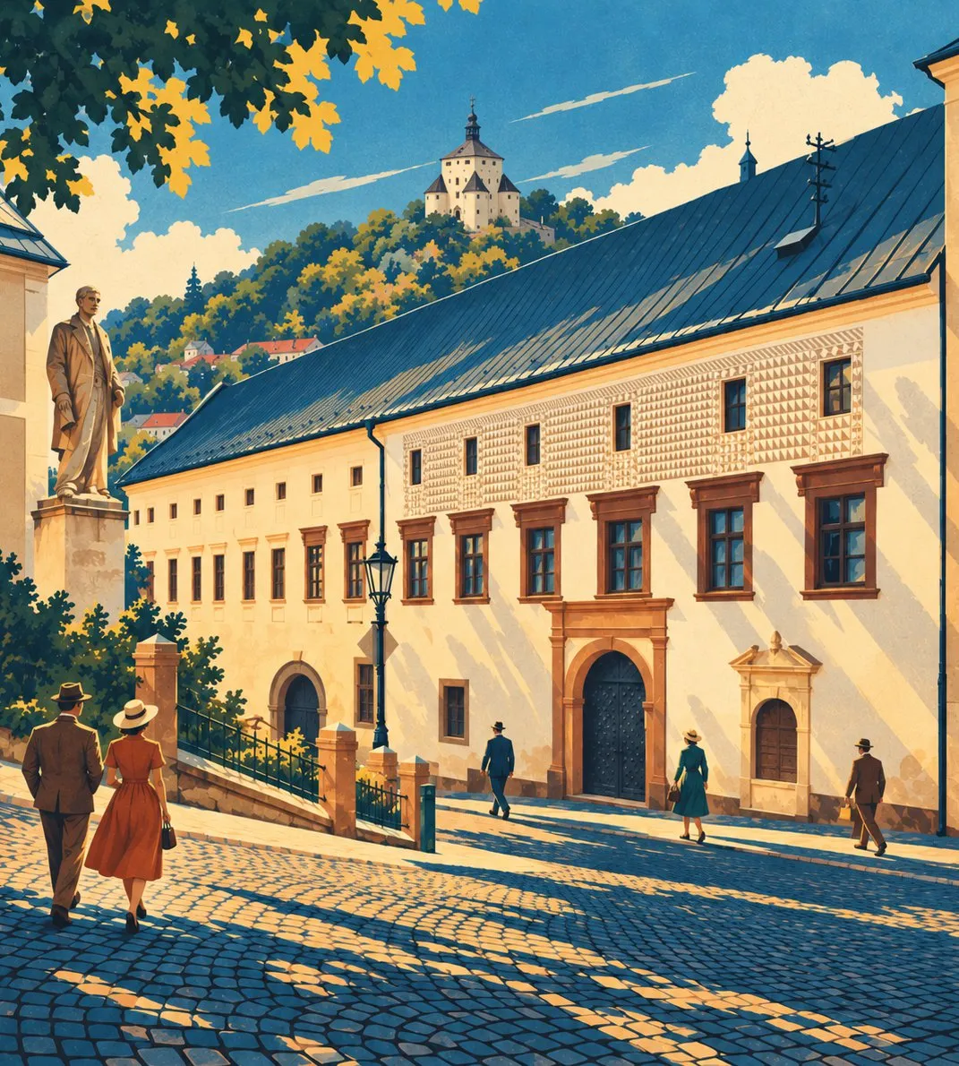Ilustrácia: dlhá renesančná budova Kammerhofu na dláždenej ulici