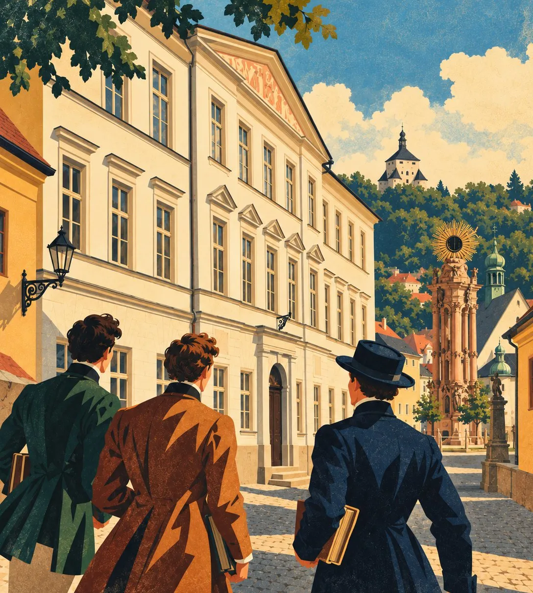 Ilustrácia: traja študenti v dobových kabátoch kráčajú k budove lýcea