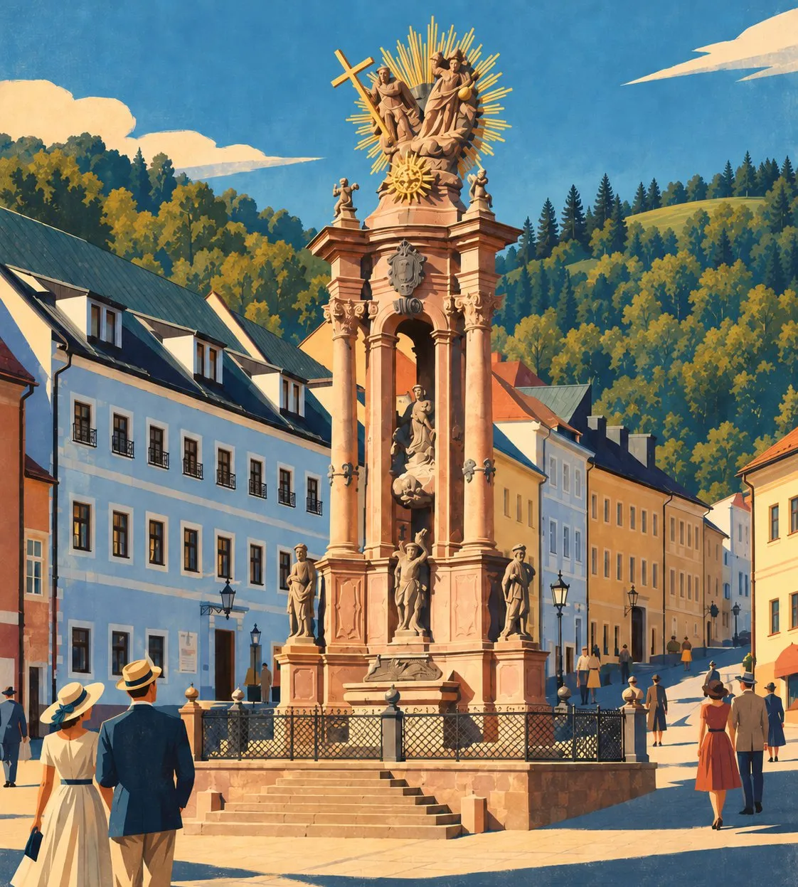 Ilustrácia: barokové súsošie uprostred svažitého námestia