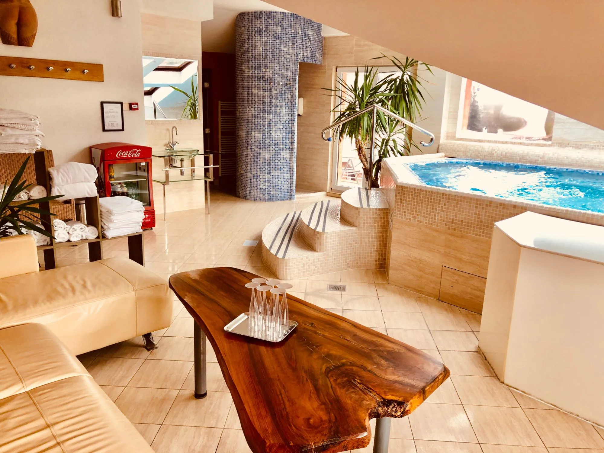 Lounge of the private spa with the hot tub, shower and fresh towels